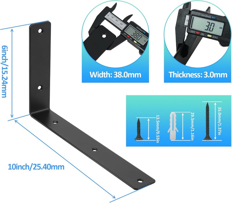 Redunest L Floating Shelf Brackets,4 Pack Heavy Duty L Brackets for Shelves, L 10" X H 6" Black Metal Countertop Support Brackets,Wall Mounting for Wood - Image 2
